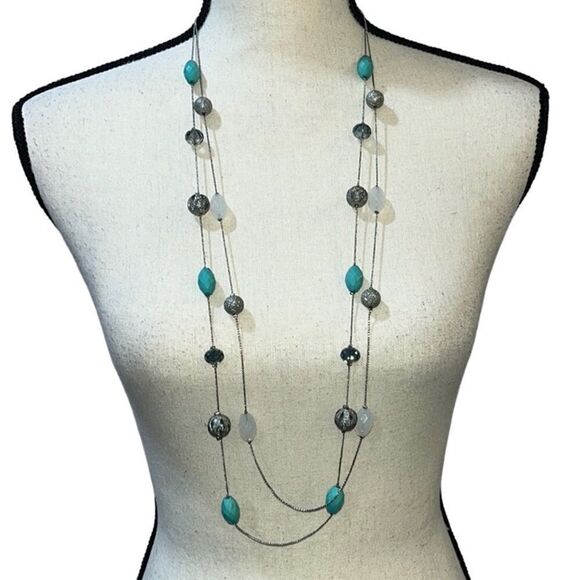 Multi-Strand Multi-Stone Long Necklace - Picture 1 of 5